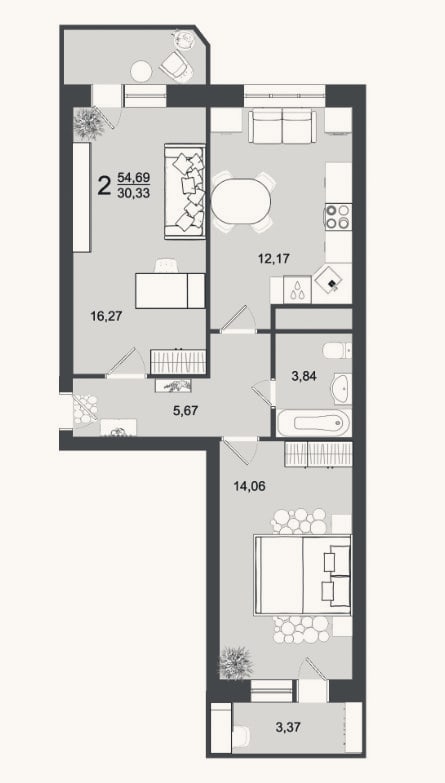 Планировка: 2-к, 52 м²