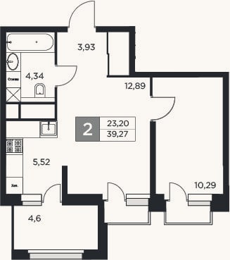 Планировка: 2-к, 37 м²