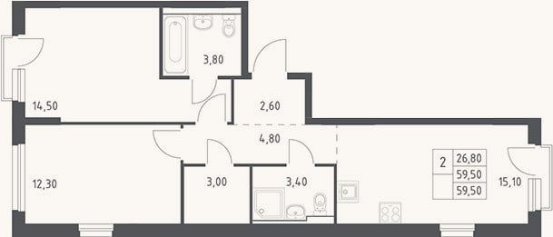 Планировка: 3-к, 59,5 м²