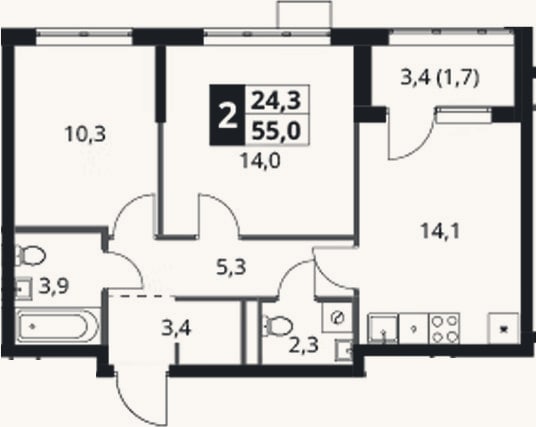 Планировка: 2-к, 53,3 м²