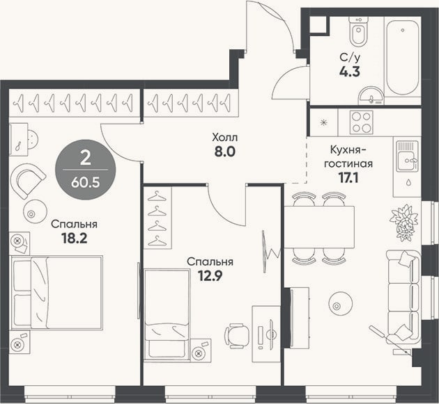 Планировка: 3-к, 60,5 м²