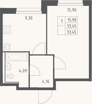 Планировка: 1-к, 33,5 м²