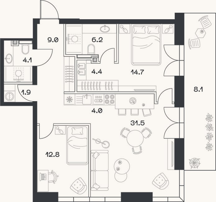Планировка: 3-к, 88,3 м²