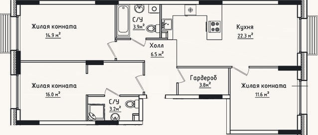 Планировка: 3-к, 82,2 м²