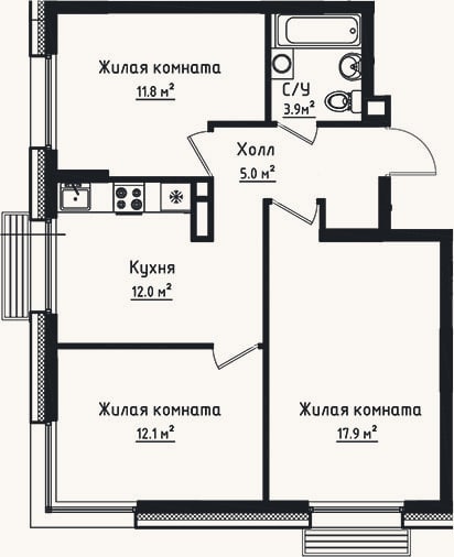 Планировка: 3-к, 62,7 м²