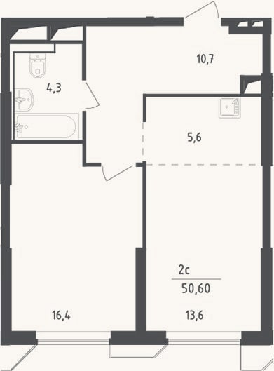 Планировка: 2-к, 50,6 м²