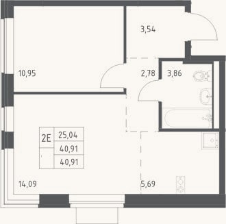 Планировка: 2-к, 40,9 м²