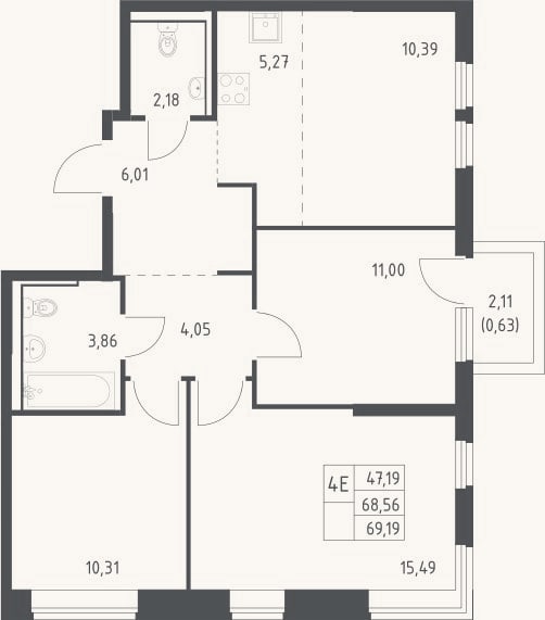 Планировка: 4+ к, 68,6 м²