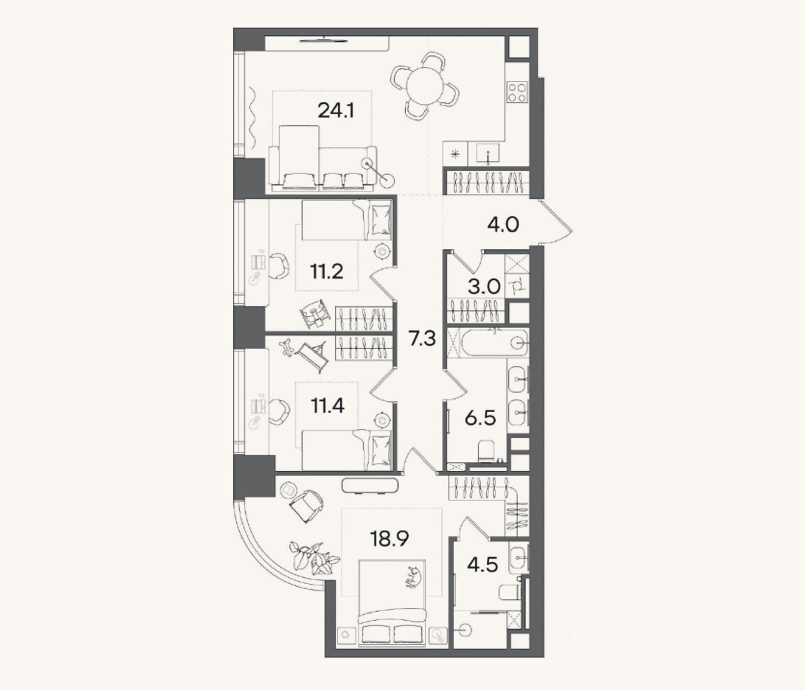 Планировка: 4+ к, 90,9 м²