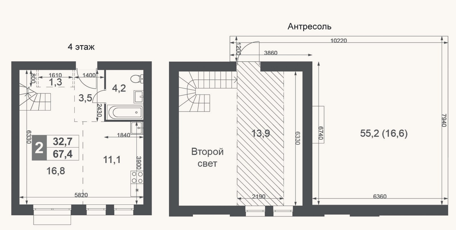 Планировка: 2-к, 50,8 м²