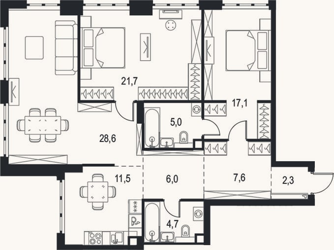 Планировка: 3-к, 104,5 м²