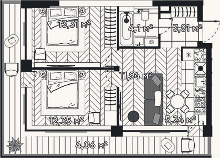 Планировка: 3-к, 50,8 м²