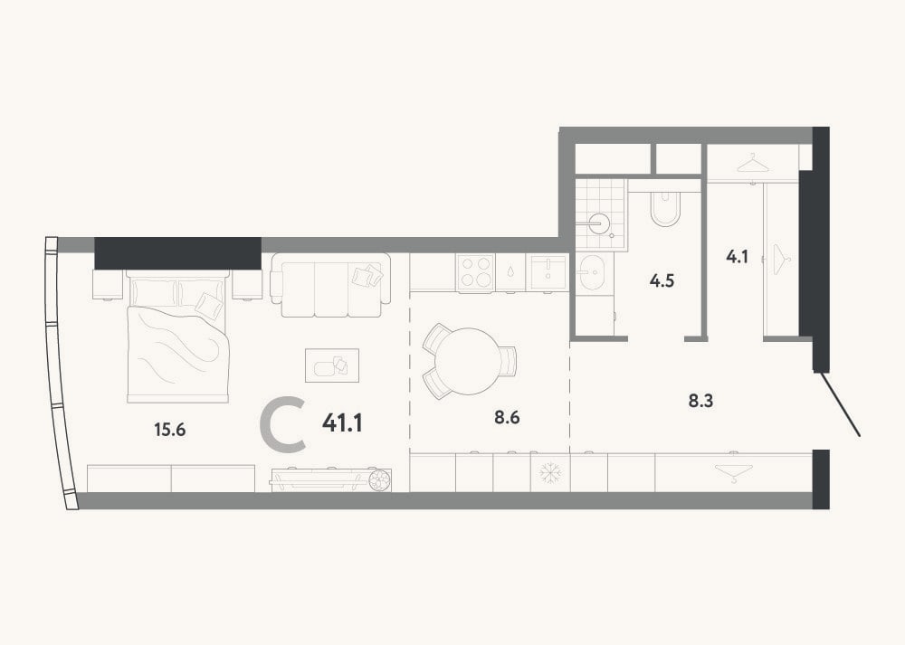 Планировка: Студия, 41,1 м²