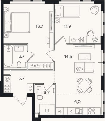 Планировка: 3-к, 62,2 м²