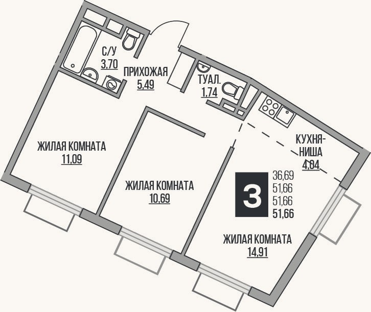 Планировка: 3-к, 51,7 м²