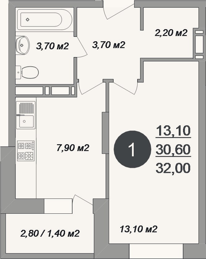 Планировка: 1-к, 30,6 м²