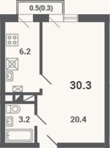 Планировка: 1-к, 29,8 м²