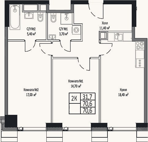 Планировка: 2-к, 70,6 м²