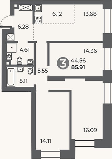 Планировка: 3-к, 85,9 м²