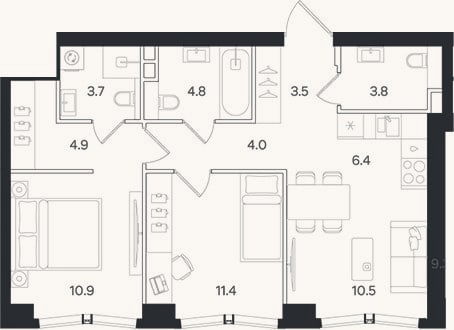 Планировка: 3-к, 63,9 м²