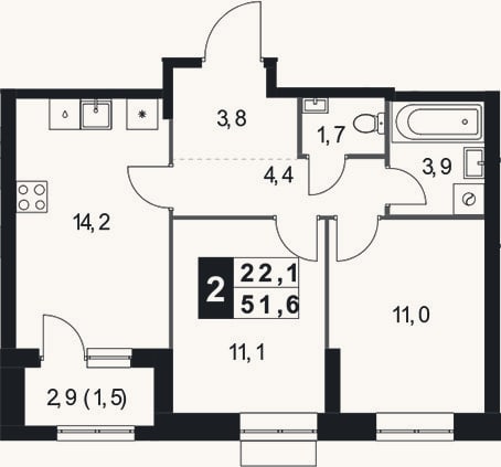 Планировка: 2-к, 50,1 м²