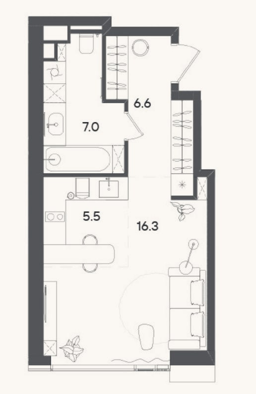 Планировка: Студия, 35,9 м²
