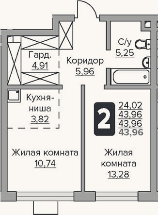 Планировка: 2-к, 44 м²