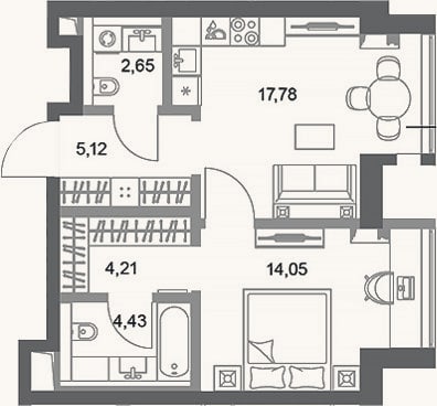 Планировка: 1-к, 48,2 м²