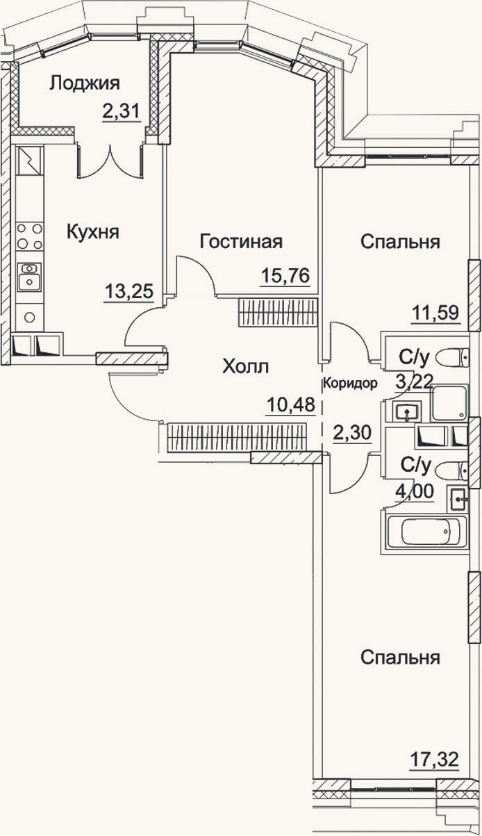 Планировка: 3-к, 77,9 м²