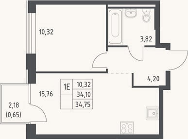 Планировка: 2-к, 34,1 м²