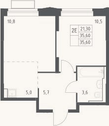 Планировка: 2-к, 35,6 м²