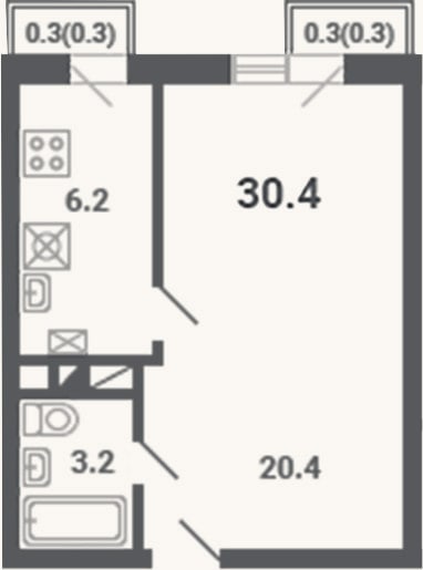 Планировка: 1-к, 29,8 м²