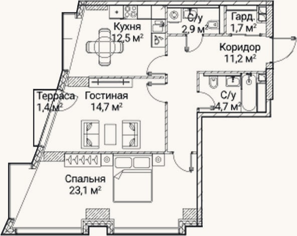 Планировка: 2-к, 69,8 м²