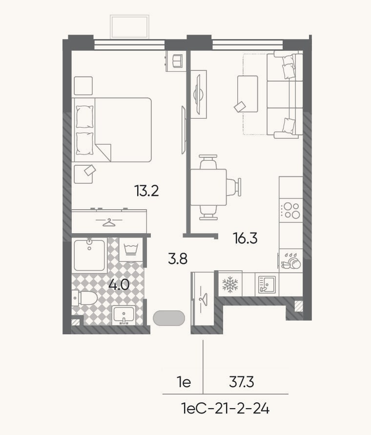 Планировка: 2-к, 37,3 м²