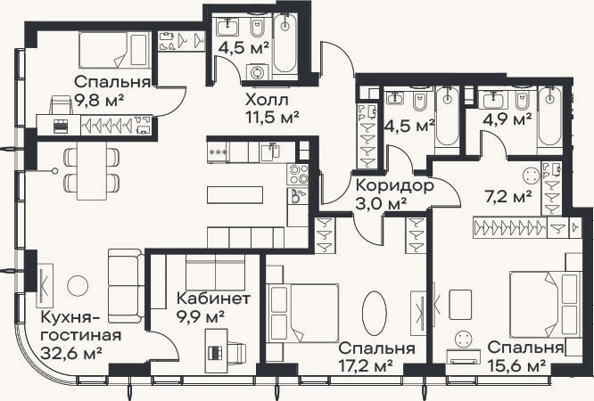Планировка: 4+ к, 120,7 м²