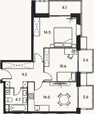 Планировка: 2-к, 52,8 м²