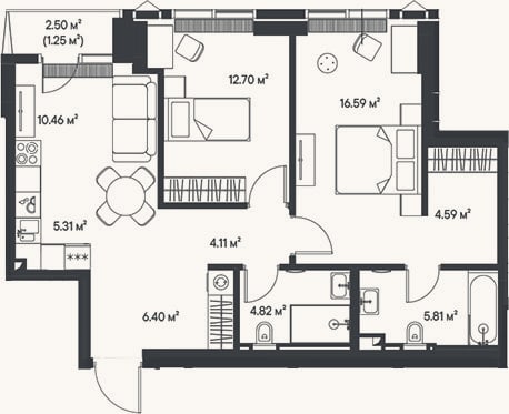 Планировка: 3-к, 70,8 м²