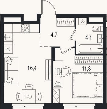 Планировка: 2-к, 37 м²