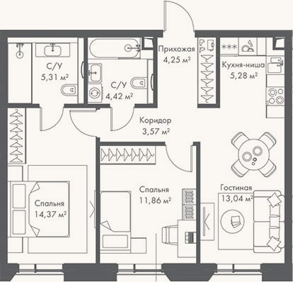 Планировка: 3-к, 62,1 м²