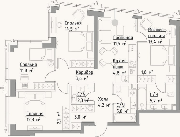 Планировка: 4+ к, 96,1 м²