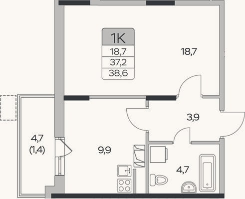 Планировка: 1-к, 37,2 м²
