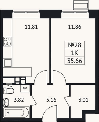 Планировка: 1-к, 35,7 м²