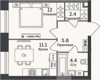 Планировка: 1-к, 35,7 м²