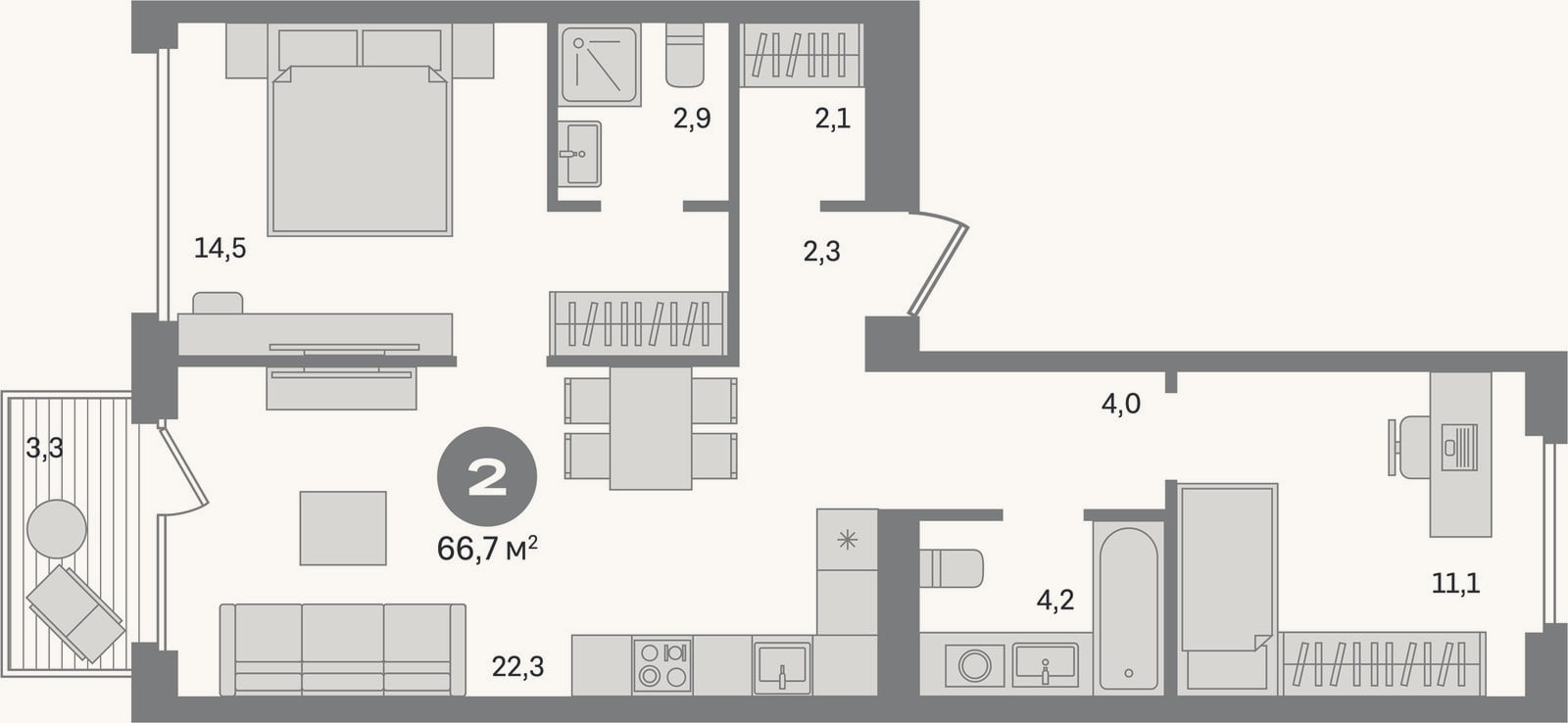 Планировка: 2-к, 63,4 м²