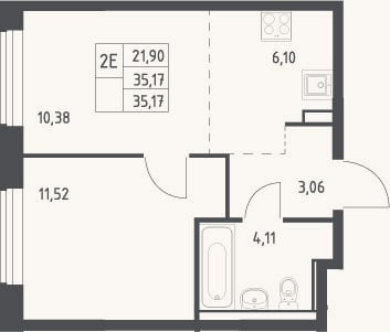 Планировка: 2-к, 35,2 м²