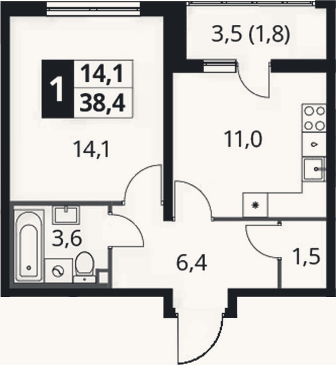 Планировка: 1-к, 36,6 м²