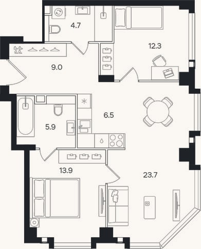 Планировка: 3-к, 76 м²