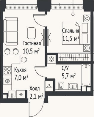 Планировка: 2-к, 36,8 м²