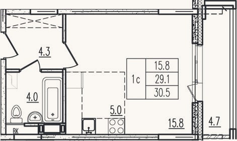 Планировка: Студия, 29,1 м²