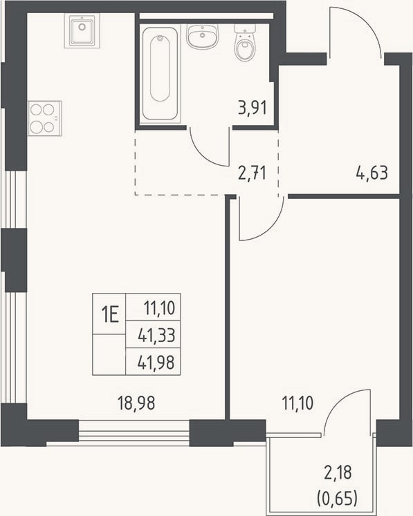Планировка: 2-к, 41,3 м²